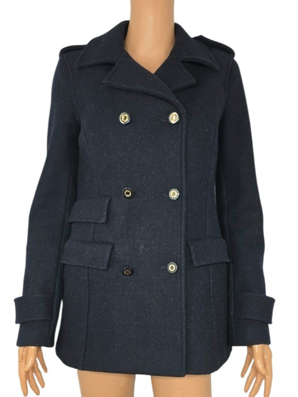 Tory Burch Wool Double Breasted Navy Blue Pea Coat Gold Buttons Pockets Size 2